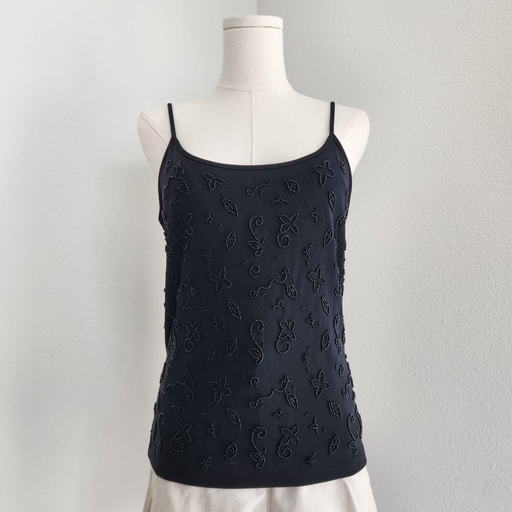 Vintage 90s Ann Taylor Black Beaded Floral Embroider Spaghetti Strap Cami Top S - Picture 9 of 9